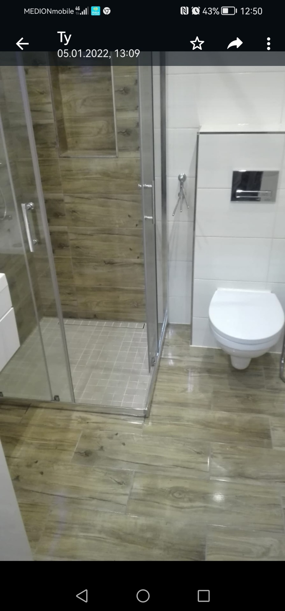 Nowoczesna łazienka z kabiną prysznicową typu walk-in, płytkami imitującymi drewno na podłodze i ścianie kabiny, białą ceramiką i chromowanymi akcesoriami.