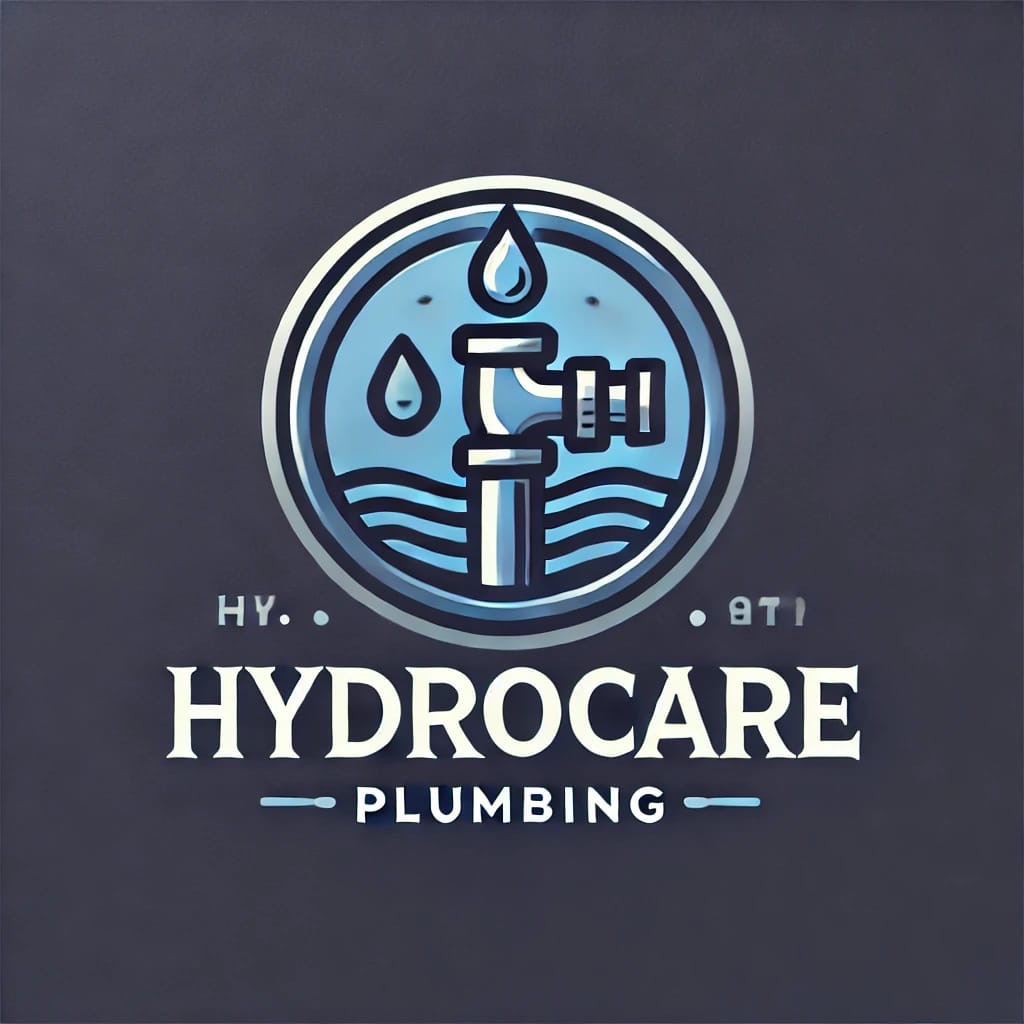 Logo firmy Hydrocare Plumbing: stylizowany kran z kroplami i falami w okręgu, nazwa firmy poniżej, na ciemnym tle.