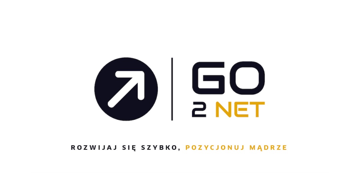 Logo firmy GO2NET z symbolem strzałki w okręgu, pionową kreską i hasłem 'Rozwijaj się szybko, pozycjonuj mądrze'.