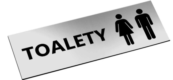 Szczotkowana metalowa tabliczka z napisem 'TOALETY' i piktogramami kobiety w sukience i mężczyzny, umieszczona pod kątem.