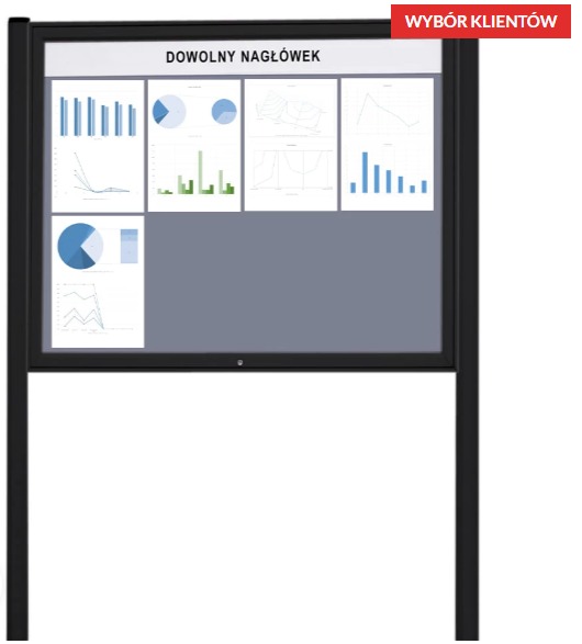 Stojąca tablica informacyjna z czarną ramą prezentująca wykresy słupkowe, liniowe i kołowe pod nagłówkiem 'DOWOLNY NAGŁÓWEK', oznaczona naklejką 'WYBÓR KLIENTÓW' w prawym górnym rogu.