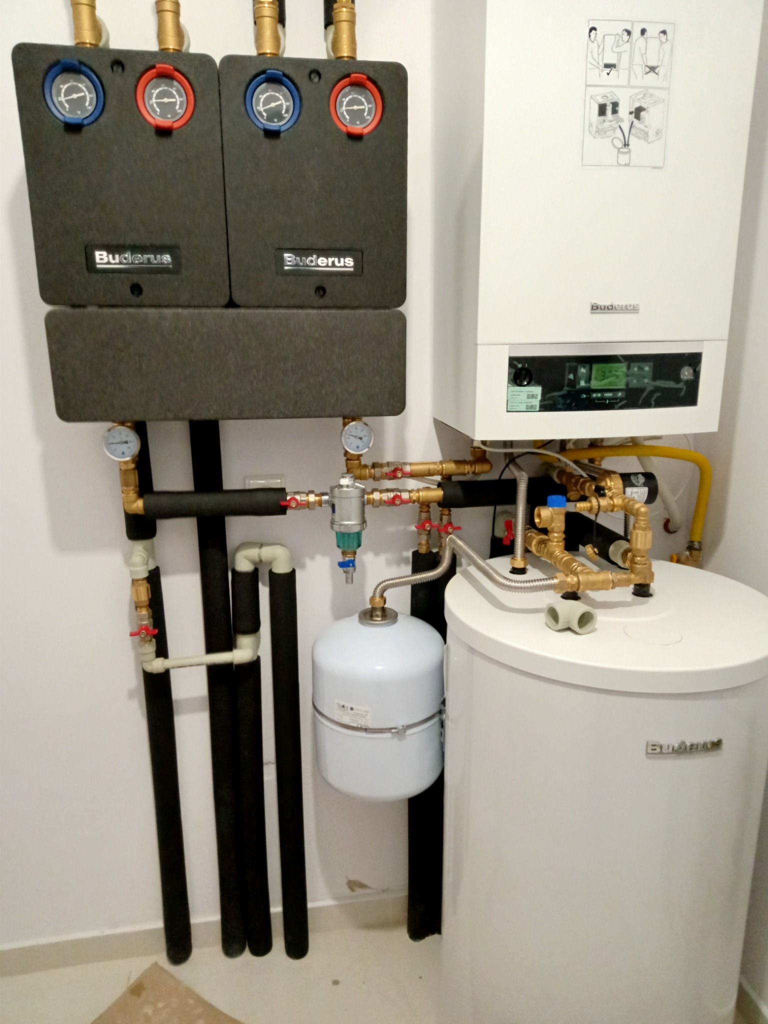 Zestaw grzewczy Buderus z zasobnikiem, orurowaniem i sterowaniem, zainstalowany w Trąbkach, widok z przodu.