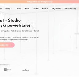 LoveWeb - Strona internetowa studia akrobatyki powietrznej Silver Cat, prezentująca ofertę zajęć Pole Dance, Aerial Hoop i Aerial Silks, z widocznym menu nawigacyjnym i przyciskiem zapisu na zajęcia.