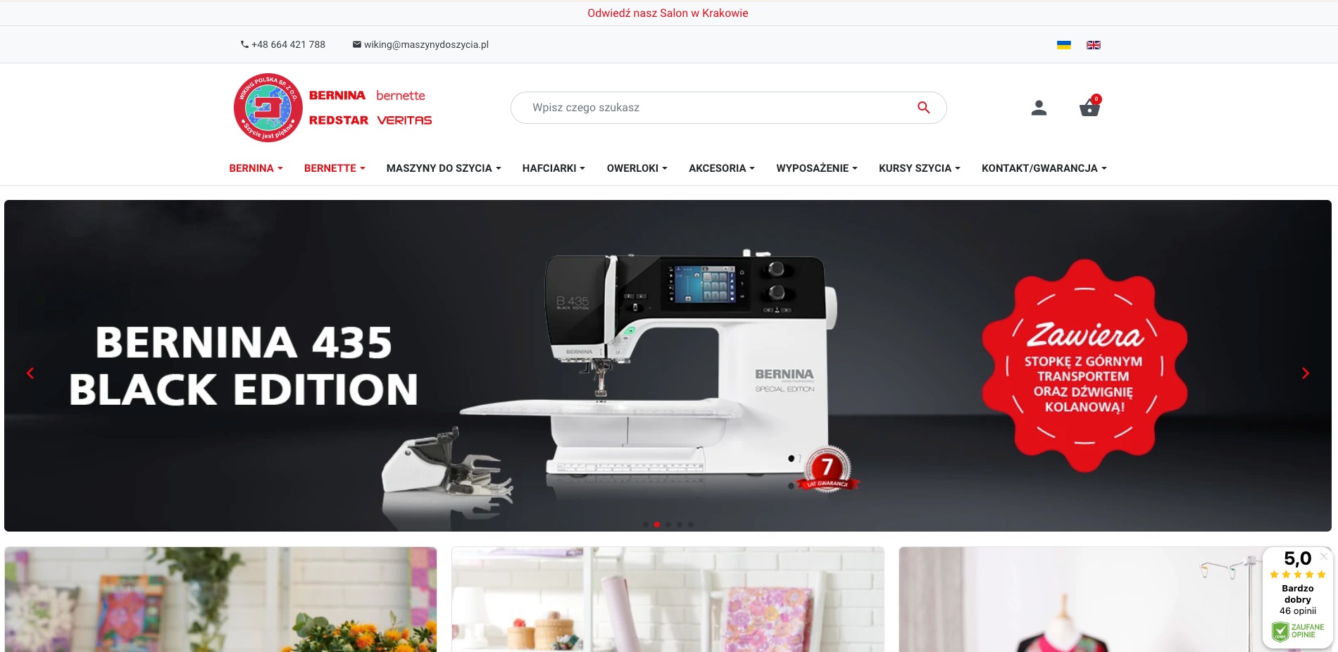 Strona internetowa sklepu z maszynami do szycia maszynydoszycia.pl, prezentująca model Bernina 435 Black Edition na banerze reklamowym.