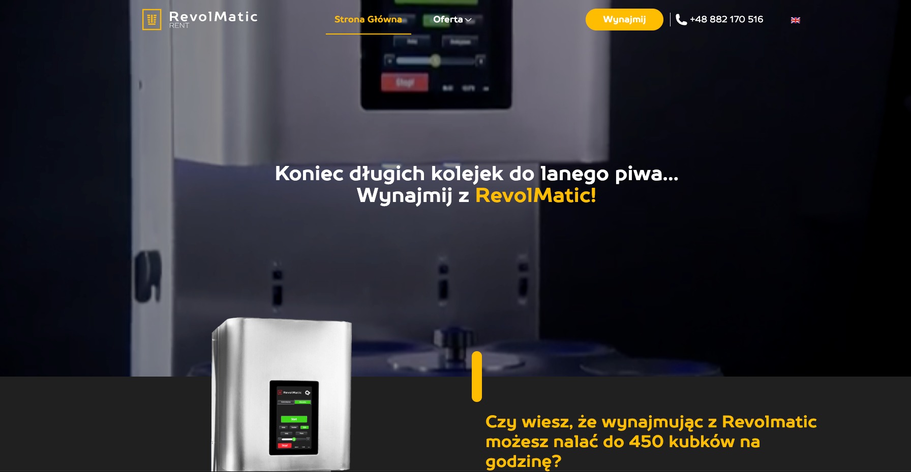 Strona internetowa RevolMatic.rent prezentująca automat do nalewania piwa, z hasłem 'Koniec długich kolejek do lanego piwa... Wynajmij z RevolMatic!'