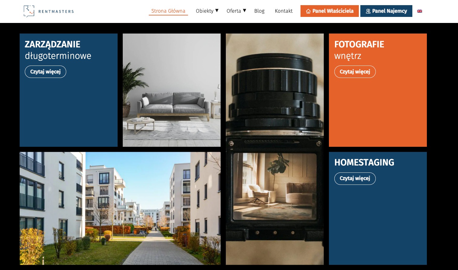 Fragment strony internetowej Rentmasters.pl prezentujący ofertę: zarządzanie długoterminowe, fotografie wnętrz i homestaging, z widokiem na nowoczesne budynki mieszkalne i wnętrze uchwycone...