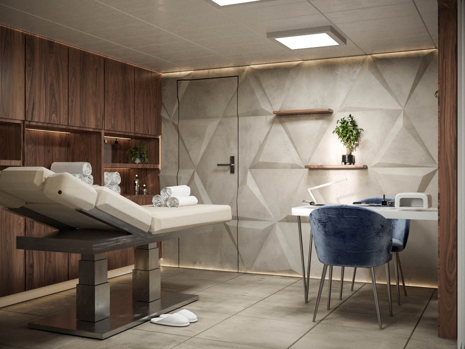 Nowoczesne wnętrze gabinetu kosmetycznego z regulowanym fotelem do zabiegów, drewnianą zabudową ścienną z półkami, geometryczną ścianą akcentującą, stolikiem do manicure z lampą UV i welurowymi...