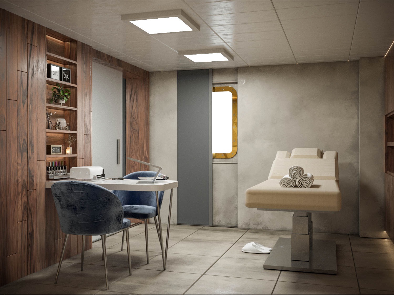 Wnętrze gabinetu kosmetycznego z drewnianymi elementami, stołem do manicure z lampą i welurowymi krzesłami oraz leżanką z ręcznikami.