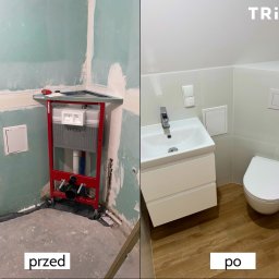 BIURO TRIVEN SP. Z O.O. - Porównanie stanu łazienki przed i po remoncie: widok na stelaż podtynkowy Tece przed obudowaniem płytami gipsowo-kartonowymi oraz gotowa łazienka z białą umywalką z szafką, toaletą i drewnopodobną...