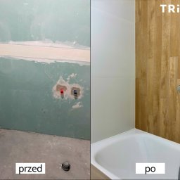 BIURO TRIVEN SP. Z O.O. - Porównanie stanu łazienki przed i po remoncie: surowe ściany z instalacją wodną kontra wykończona przestrzeń z wanną, prysznicem i drewnopodobnymi płytkami na ścianie, widoczne logo firmy.