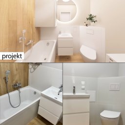 BIURO TRIVEN SP. Z O.O. - Kompilacja projektu i realizacji łazienki z drewnopodobnymi płytkami na ścianie przy wannie, białą armaturą, szafką pod umywalką z szufladami, okrągłym lustrem z podświetleniem LED i podwieszaną...