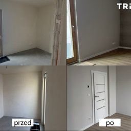 BIURO TRIVEN SP. Z O.O. - Kolaż przedstawiający pokój przed i po remoncie: od surowych ścian i betonowej podłogi do wykończonych ścian w szarym odcieniu, drewnopodobnej podłogi i nowej białej stolarki drzwiowej, z widocznym...