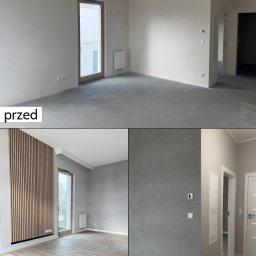 BIURO TRIVEN SP. Z O.O. - Porównanie stanu pokoju przed i po wykończeniu: surowy beton kontra panele podłogowe, drewniane lamele na ścianie, pomalowane ściany i wykończone gniazdka elektryczne.