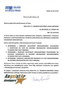 Skan referencji dla firmy IMOKS-STAL Zgierz. Dokument zawiera informacje o realizowanych pracach związanych z montażem konstrukcji ze stali kwasoodpornej, w tym balustrad kwasoodpornych...