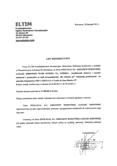 Skan listu referencyjnego firmy ELTIM dla firmy INOX-STAL S.C. ZBIGNIEW BURZYŃSKI ŁUKASZ MIROWSKI za dostawę i montaż balustrad i pochwytów ze stali kwasoodpornej dla PKP CARGO SA.
