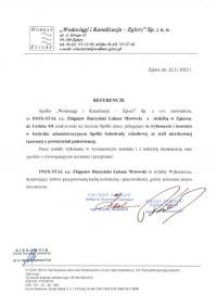 Skan dokumentu referencyjnego firmy 'Wodociągi i Kanalizacja - Zgierz' Sp. z o.o. z datą 22.11.2021, potwierdzającego realizację usług dla firmy INPOS-STAL. Widoczne podpisy i pieczątki.