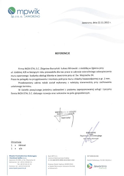 Skan dokumentu referencyjnego dla firmy INOX-STAL S.C. z pieczątkami i podpisami, wystawionego przez Miejskie Przedsiębiorstwo Wodociągów i Kanalizacji Spółka z o.o. w Jaworznie, datowany na 22.11.