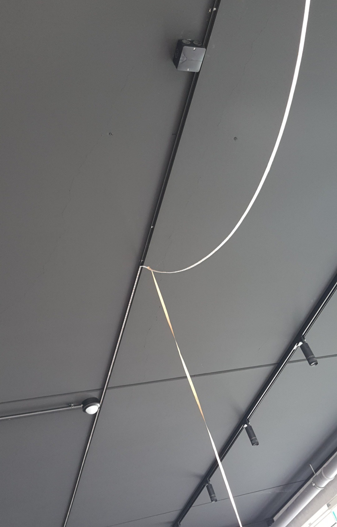 Szary sufit z widocznymi elementami oświetlenia: zakrzywiona listwa LED, reflektory punktowe na szynoprzewodzie, oraz puszka elektryczna przy ścianie.