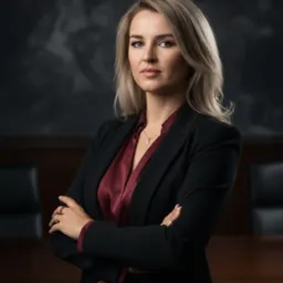 Profesjonalny portret kobiety w czarnym żakiecie i bordowej koszuli, skrzyżowane ręce, subtelna biżuteria, ciemne tło z elementami biura, poważny wyraz twarzy.