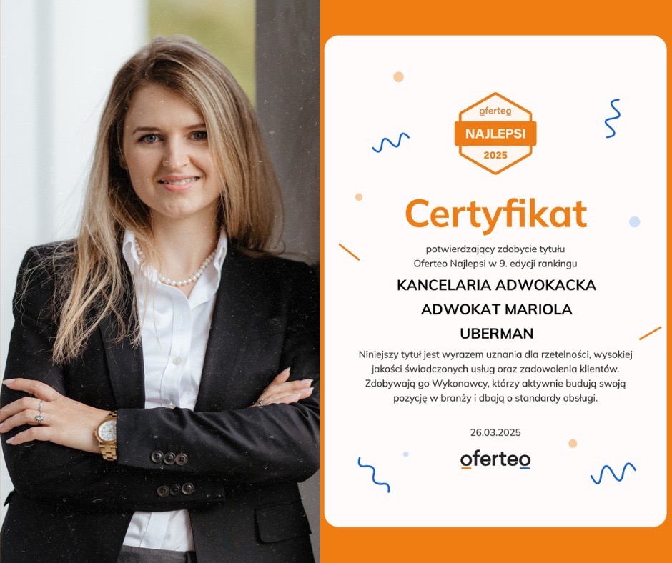 Portret adwokat Marioli Uberman z certyfikatem Oferteo Najlepsi 2025. Uśmiechnięta kobieta w czarnej marynarce, perły. Pomarańczowe tło certyfikatu.