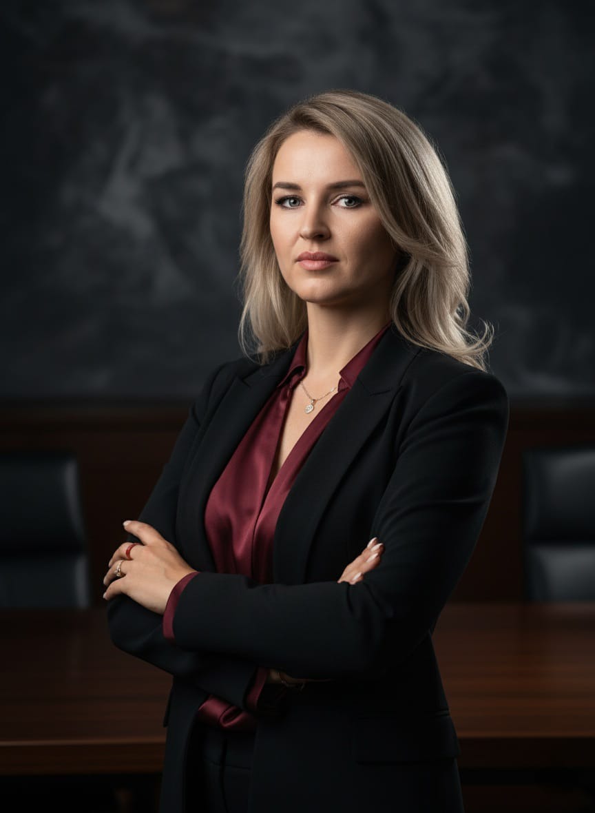 Profesjonalny portret kobiety w czarnym żakiecie i bordowej koszuli, skrzyżowane ręce, subtelna biżuteria, ciemne tło z elementami biura, poważny wyraz twarzy.