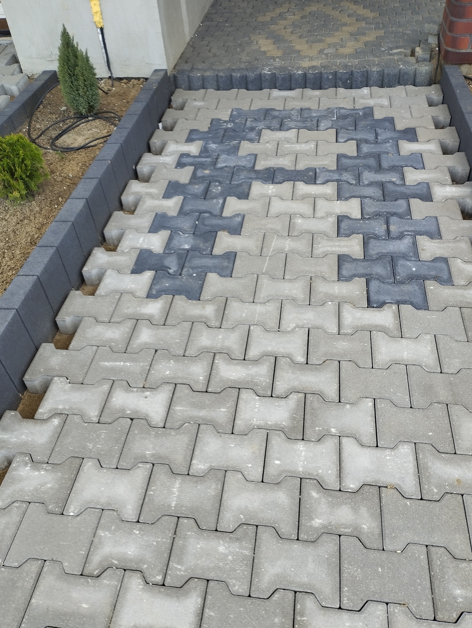 Ułożona ścieżka z szarej kostki brukowej typu 'I' z ciemniejszymi, grafitowymi elementami tworzącymi wzór. Widoczne obrzeża z ciemnej kostki, małe drzewka iglaste i fragment elewacji budynku.