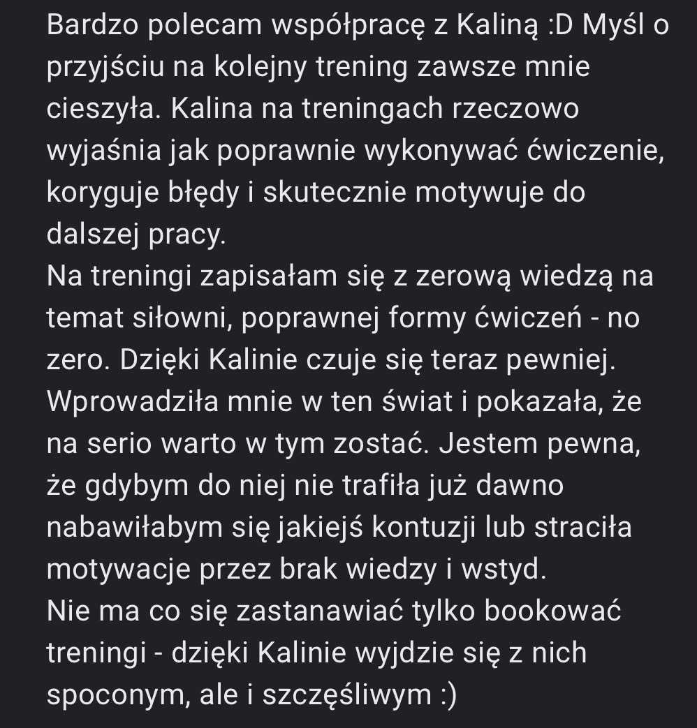 Tekstowa rekomendacja współpracy z trenerką personalną, opisująca korzyści z treningów i poprawę samopoczucia.