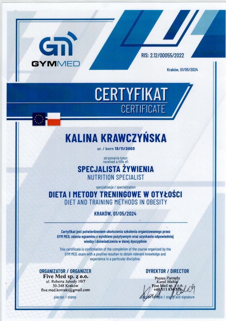 Certyfikat specjalisty żywienia i metod treningowych w otyłości, wydany przez Gymmed dla Kaliny Krawczyńskiej, z datą 01.05.2024, zawierający logo firmy i podpisy.