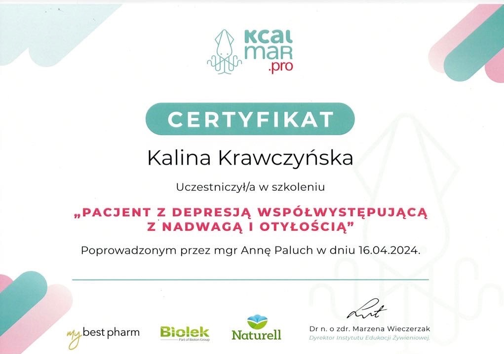 Certyfikat uczestnictwa w szkoleniu 'Pacjent z depresją współwystępującą z nadwagą i otyłością', nazwa firmy Kcal Mar Pro w górnej części, logo firm farmaceutycznych na dole.