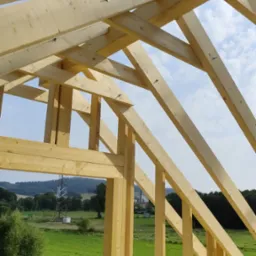 Surowa konstrukcja drewniana domu szkieletowego w trakcie budowy, widok z wnętrza na zielony krajobraz. Elementy złączone śrubami, jasne drewno.
