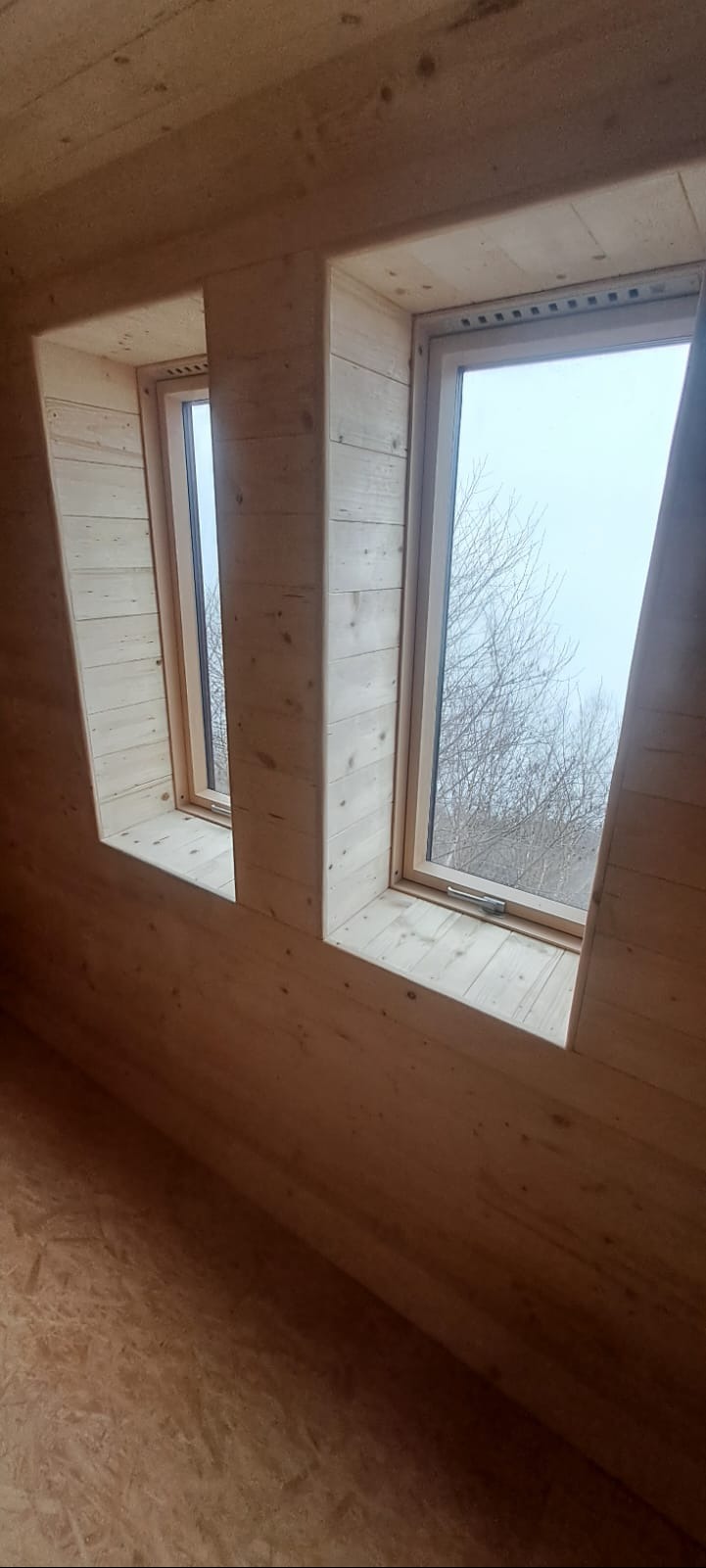 Wnętrze poddasza wykończonego boazerią z jasnego drewna, z dwoma oknami dachowymi, przez które widać nagie gałęzie drzew na tle pochmurnego nieba.