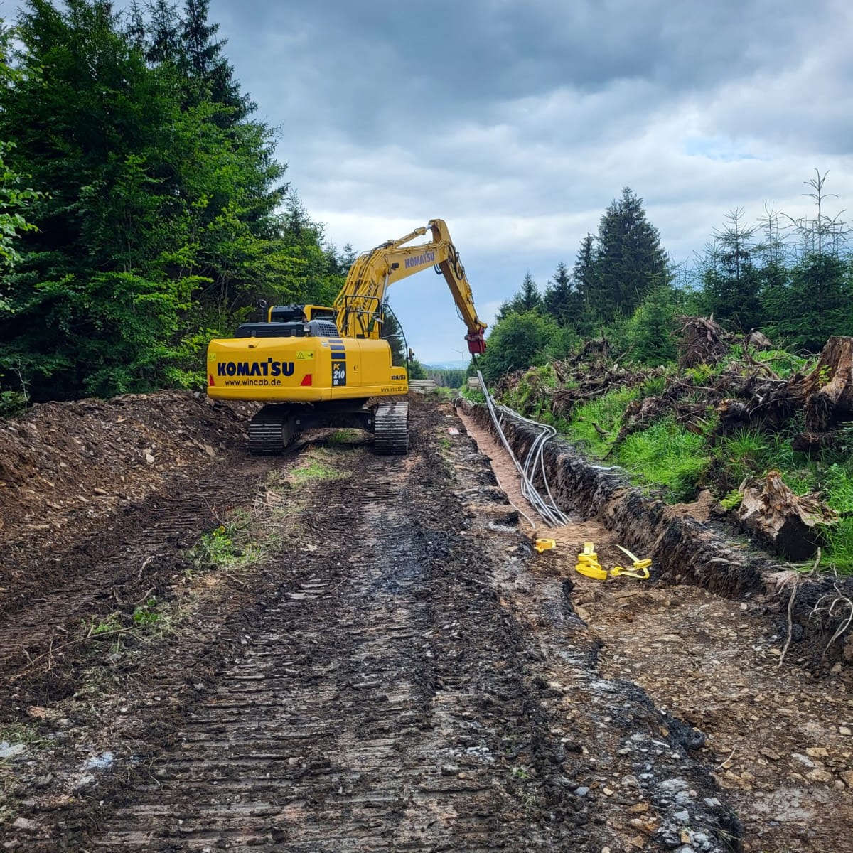 Żółta koparka Komatsu układa rury w wykopie w lesie, widoczne ślady opon i korzenie drzew.