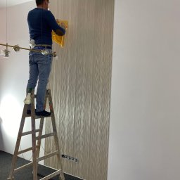 DNIPRO-VOLA SPÓŁKA Z OGRANICZONĄ ODPOWIEDZIALNOŚCIĄ - Pracownik na drabinie aplikuje tapetę w pionowe prążki na ścianie. Widoczny fragment ściany bez tapety, lampa sufitowa i narzędzia pracy.