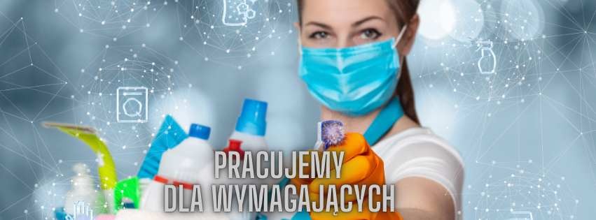 Pracownica w masce i rękawicach trzymająca szczotkę do czyszczenia, w tle środki czystości i graficzne ikony związane z czyszczeniem.