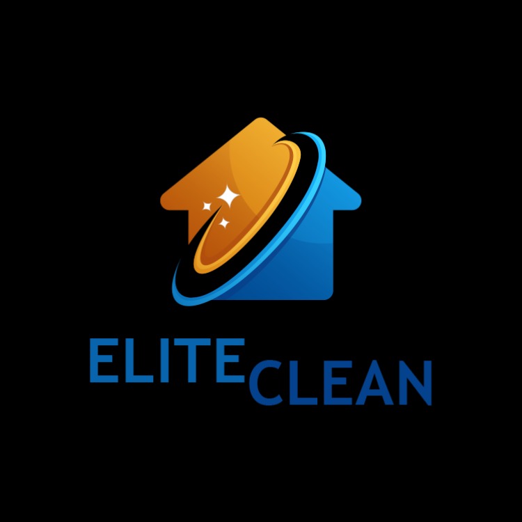 Logo firmy sprzątającej Elite Clean z motywem domu w kolorach niebieskim i pomarańczowym, otoczonego orbitą i błyszczącymi gwiazdami na czarnym tle.