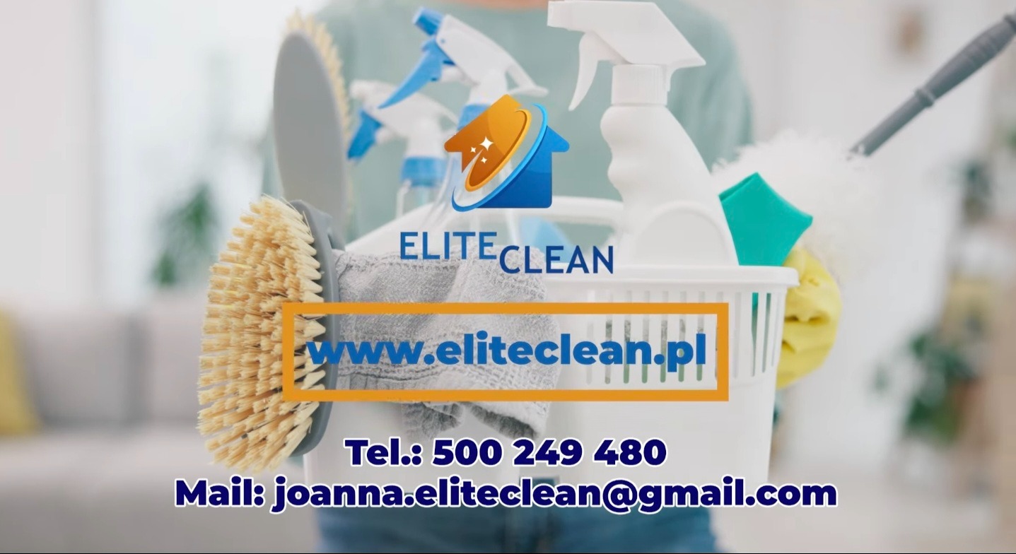 Zestaw narzędzi i środków czystości w koszyku, gotowy do użycia przez firmę sprzątającą Elite Clean z Łodzi. Widoczna szczotka, ściereczka i butelki ze spryskiwaczem.