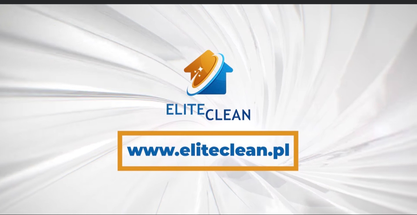Grafika z logo Elite Clean, przedstawiająca stylizowany dom z orbitą i iskrą, nazwę firmy i adres strony internetowej w pomarańczowej ramce na rozmytym tle.