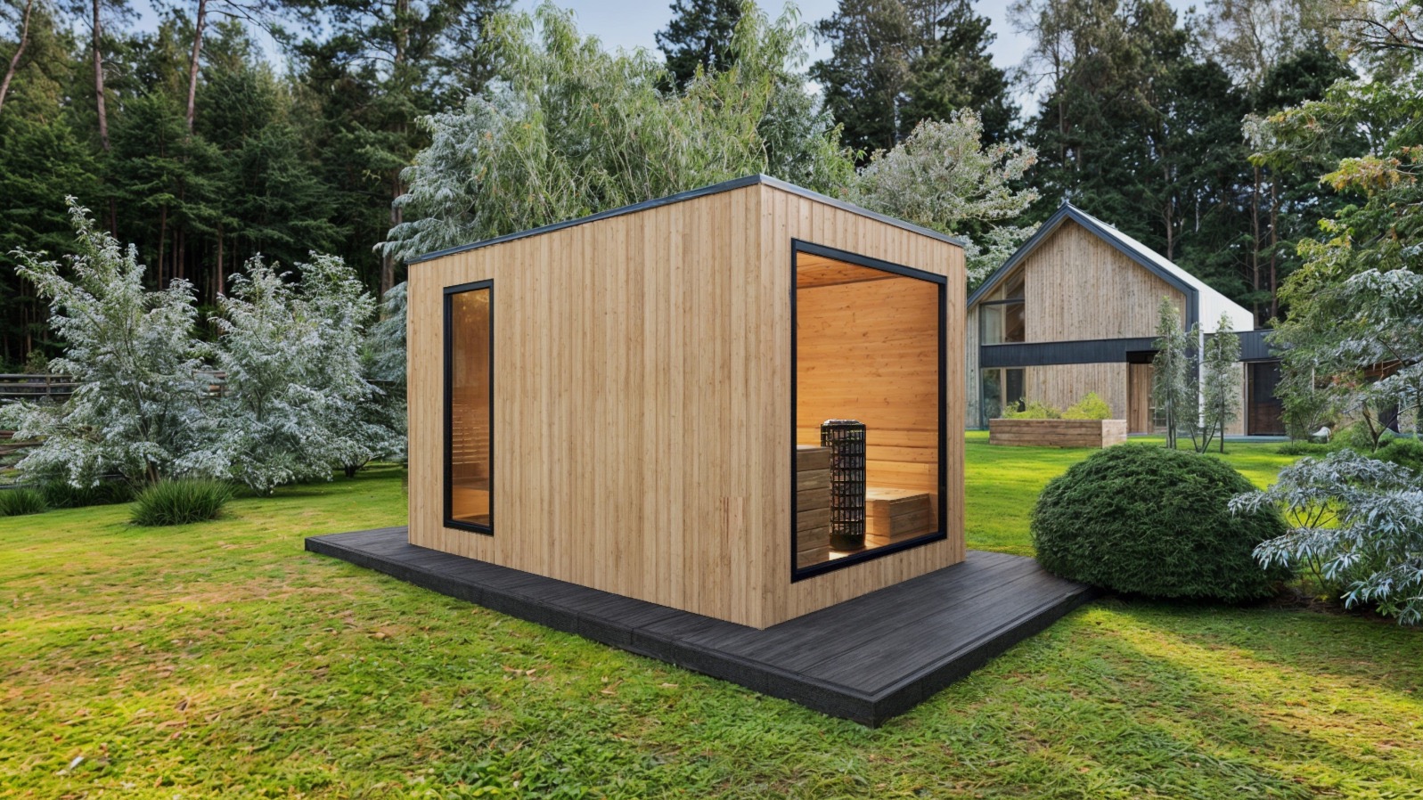 Nowoczesna, drewniana sauna zewnętrzna z dużym oknem i piecem, umieszczona na podeście z kompozytu na tle zielonego trawnika i drzew.