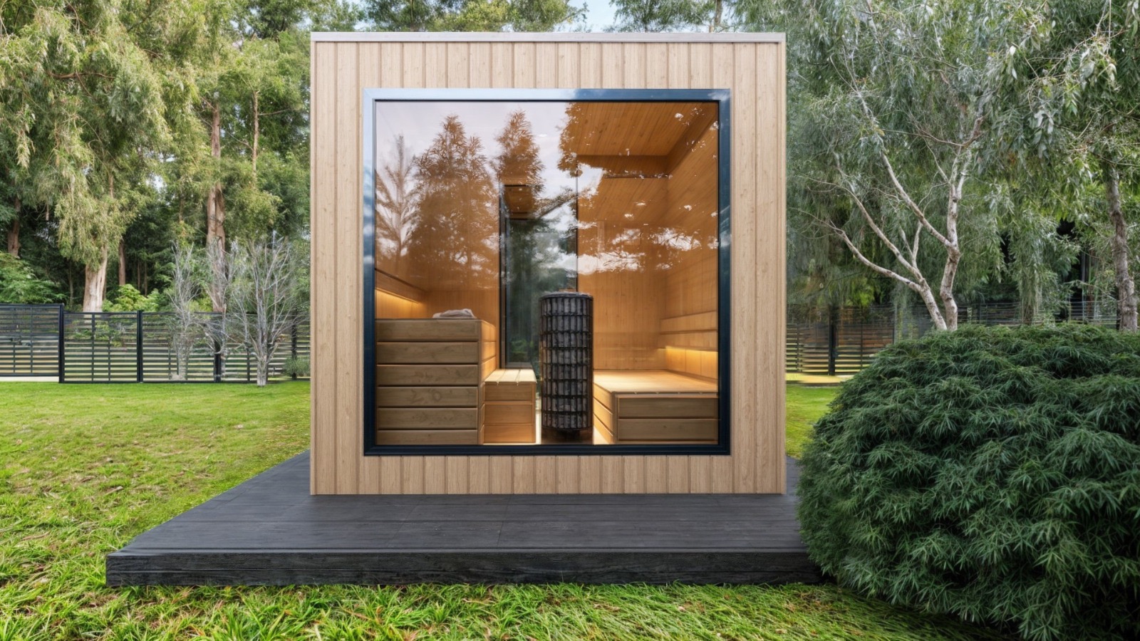 Nowoczesna, wolnostojąca sauna z jasnego drewna z dużym oknem, widok na wnętrze z drewnianymi ławkami i piecem, otoczona zielonym trawnikiem i drzewami.