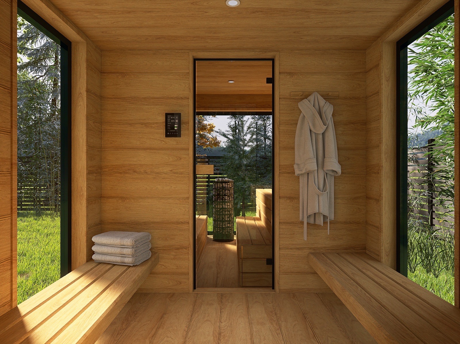 Wnętrze drewnianej sauny z widokiem na zewnątrz przez przeszklone ściany, z ręcznikami na ławce i szlafrokiem na ścianie.
