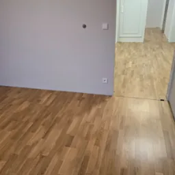 Nowo ułożona, jasnobrązowa podłoga z paneli w pustym pokoju z szarą ścianą i białymi drzwiami.