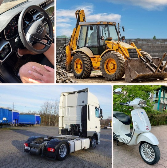 Mozaika zdjęć przedstawiająca: wnętrze Audi z widocznymi dłońmi na kierownicy, żółtą koparko-ładowarkę na placu budowy, białą ciężarówkę bez naczepy na parkingu oraz biały skuter Vespa na tle zieleni.