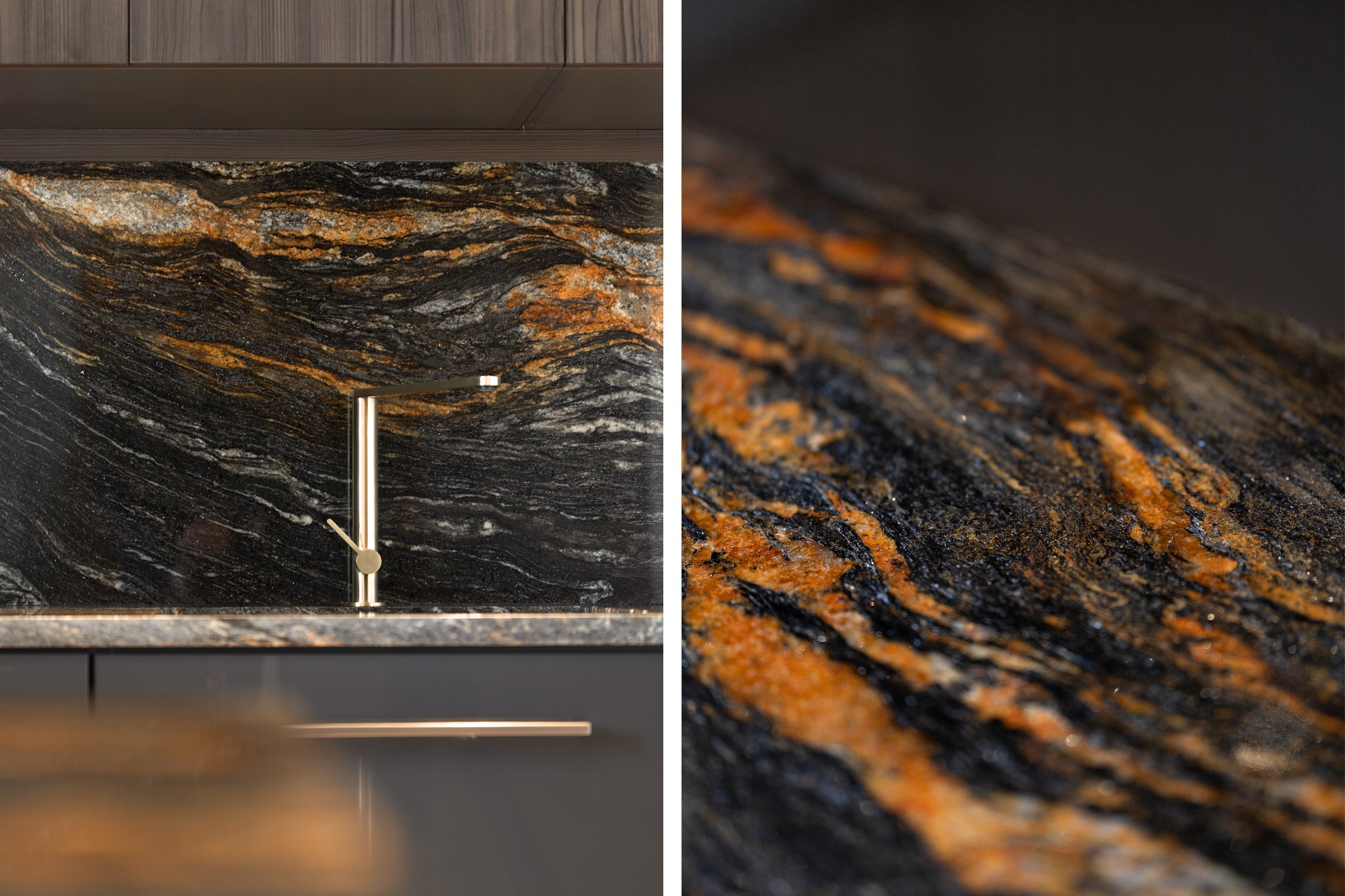 Czarno-pomarańczowy blat granitowy w kuchni z złotą baterią, ukazany z bliska, podkreślający unikalną strukturę kamienia i luksusowe wykończenie wnętrza.