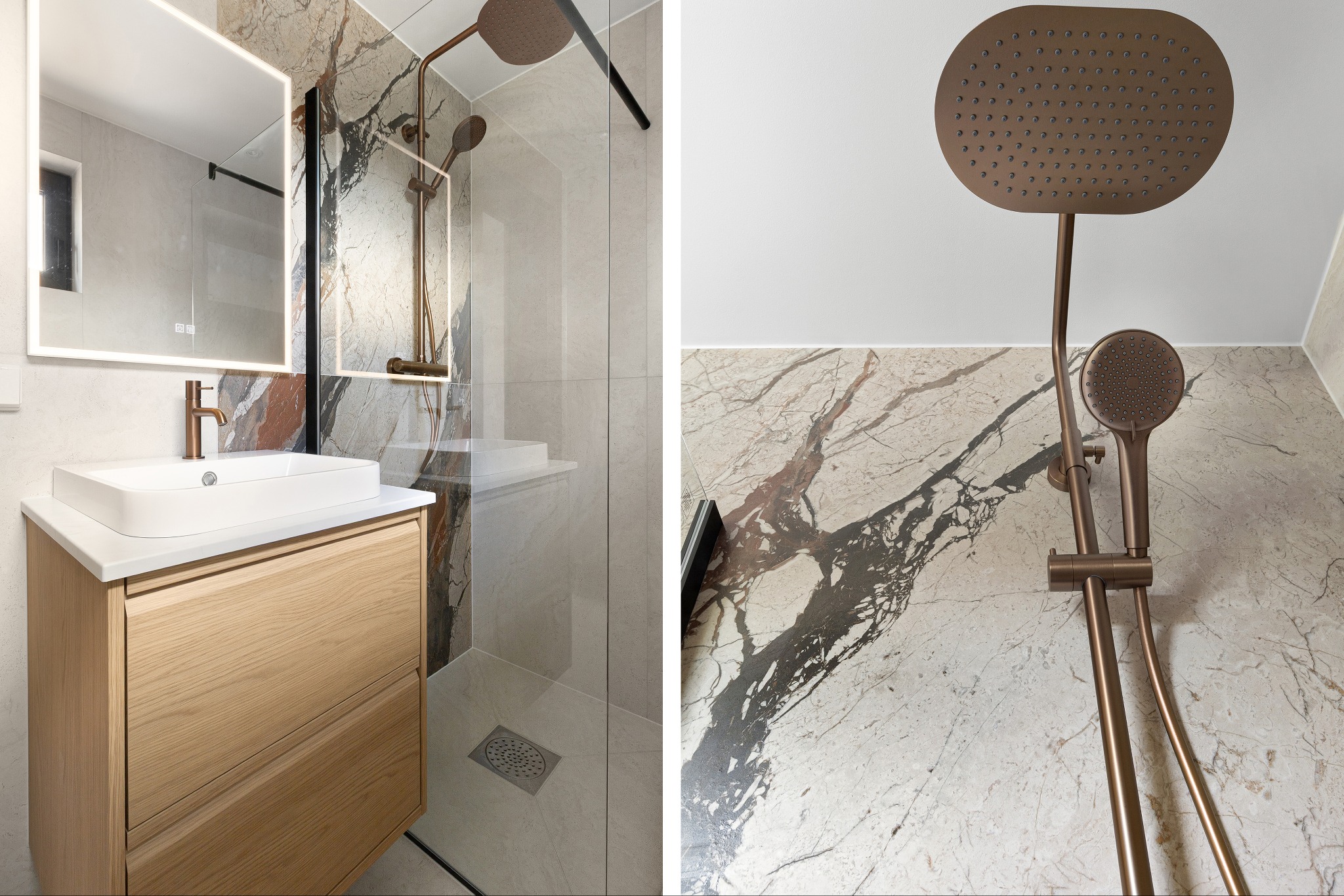 Stylowa kabina prysznicowa z armaturą w kolorze miedzi i umywalką na szafce z jasnego drewna, wykończona marmurem w Żywcu. Nowoczesny design.