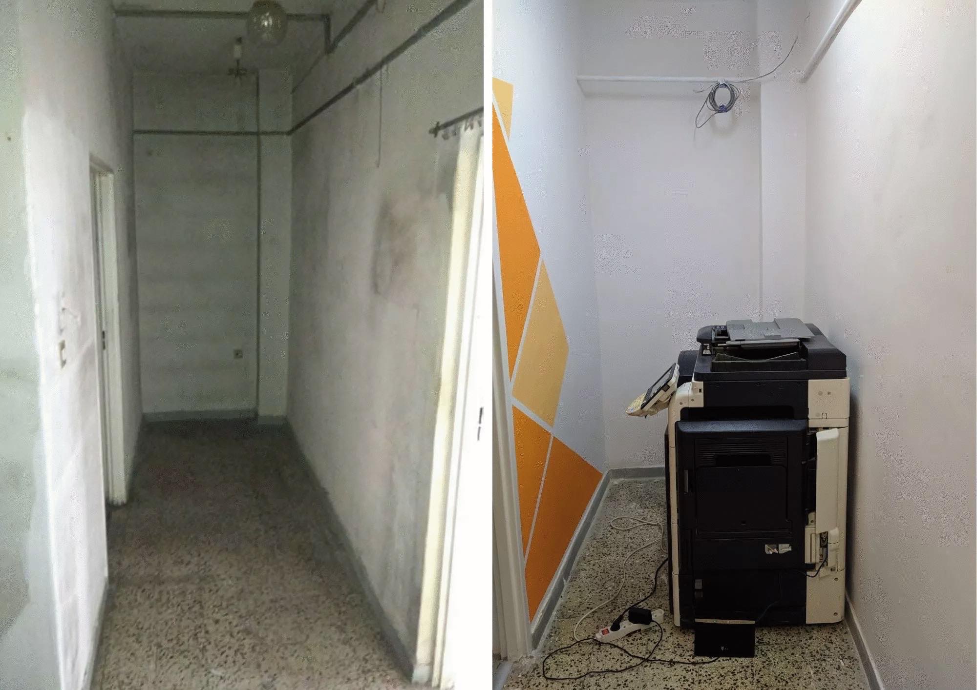 Korytarz biurowy przed i po malowaniu z dekoracyjnym, geometrycznym wzorem w odcieniach pomarańczy na ścianie oraz widocznym urządzeniem wielofunkcyjnym.