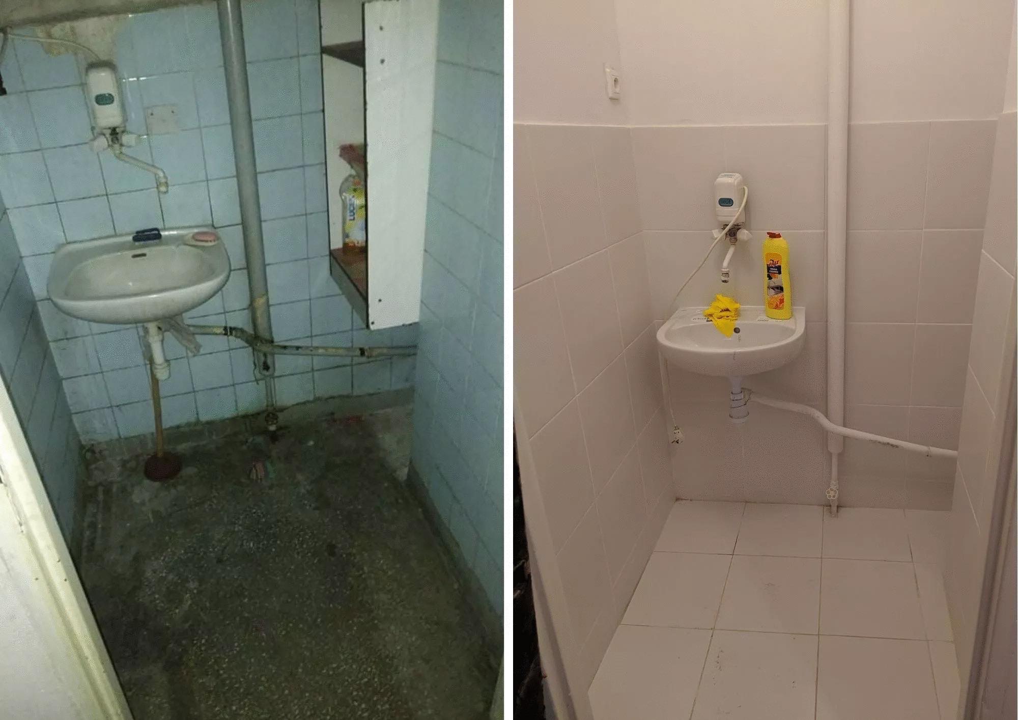 Porównanie łazienki przed i po remoncie: od starej, brudnej umywalki z niebieskimi płytkami do nowej, czystej umywalki z białymi płytkami.