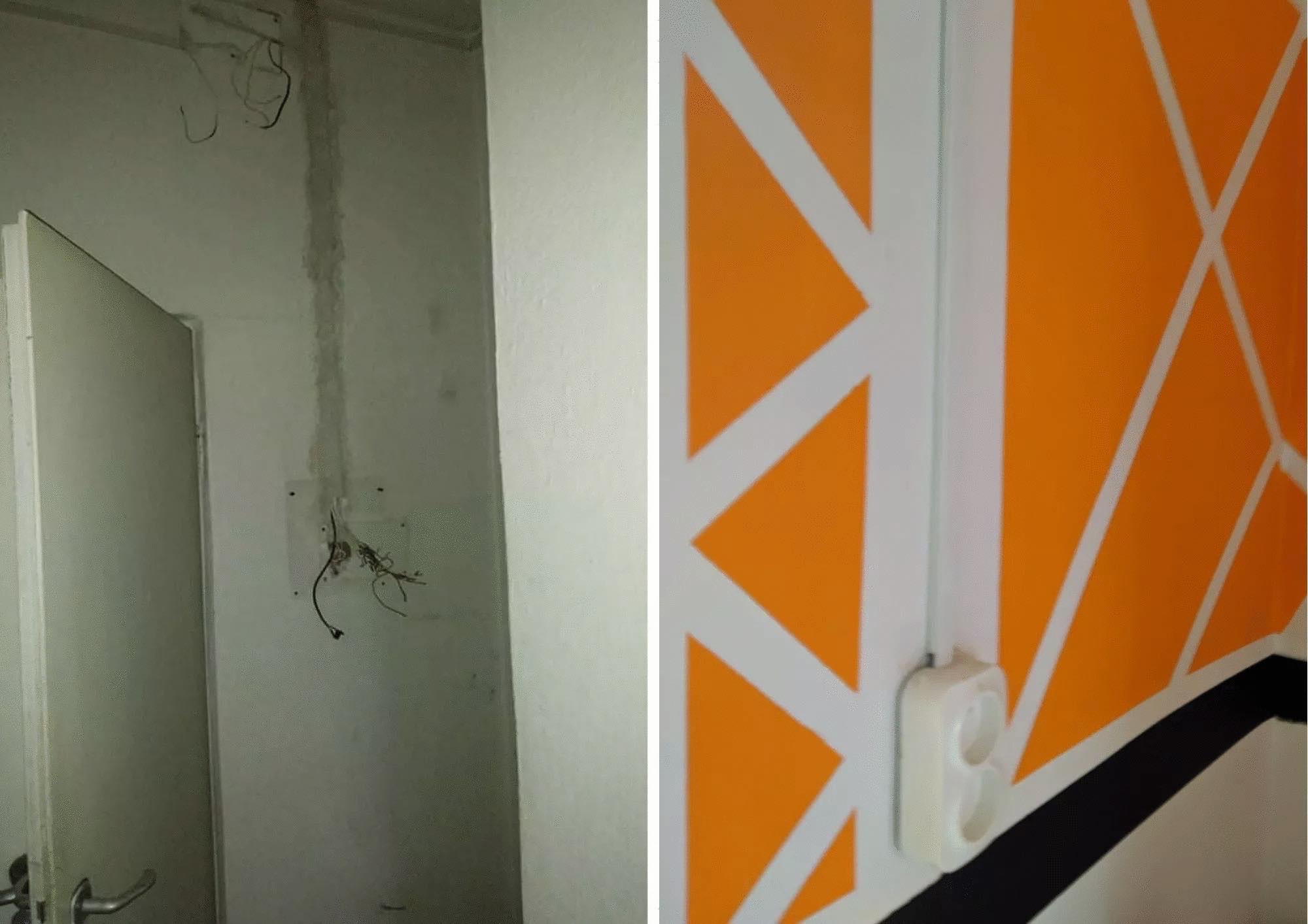 Pokój w trakcie remontu: ściana z widocznymi przewodami elektrycznymi przed malowaniem i ściana po malowaniu z geometrycznym wzorem w kolorach pomarańczowym, białym i czarnym oraz gniazdko...