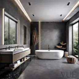 Nowoczesna łazienka w odcieniach szarości z wolnostojącą wanną, podwójną umywalką nablatową i dużym oknem z widokiem na zieleń.