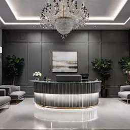 Elegancka przestrzeń recepcyjna w biurze z podświetlaną ladą, szarymi ścianami z panelami, kryształowym żyrandolem i minimalistycznymi sofami na złotych nóżkach.