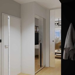 Mrówki polskie przedsiębiorstwo budowlane - Nowoczesny przedpokój z białymi drzwiami, szafą z lustrzanym frontem i czarną ścianą z szarymi ręcznikami.